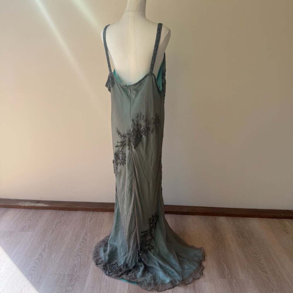Vintage Scala 100% Silk Beaded Floral Maxi Dress Gunmetal Teal Plus Size 2X - Picture 6 of 16